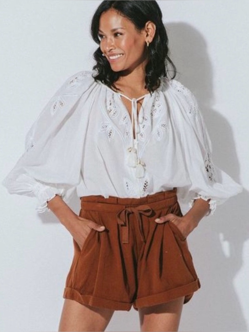 Cleobella Greta White Peasant Eyelet Organic Cotton Blouse Size medium